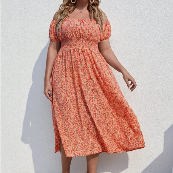 Floral print shirred off shoulder dress orange SOLD OUT - Picture 3 of 5